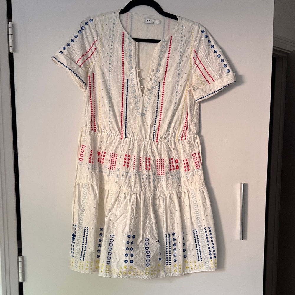 Tanya Taylor White Eyelet Dress with Red, Blue and Yellow Accents